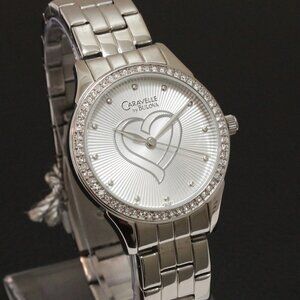 Caravelle Ladies Crystal Bezel Watch By Bulova Silver Tone Silver Heart Dial 32